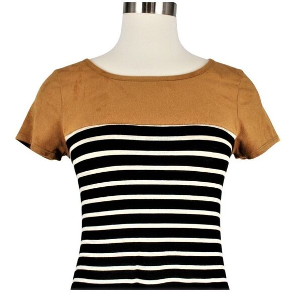 T-Shirt Dress Knee Length Short Sleeve Color Block Striped Black & Tan Sz Small - Picture 2 of 7